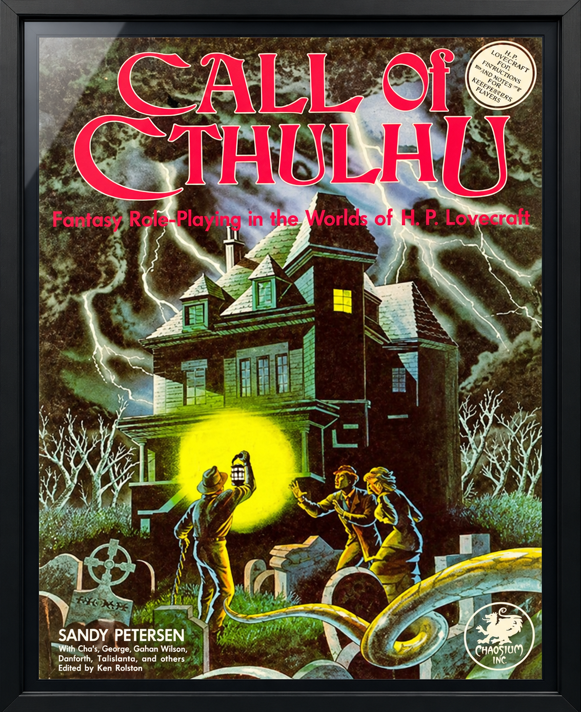Framed Call of Cthulhu poster on the shelf back wall