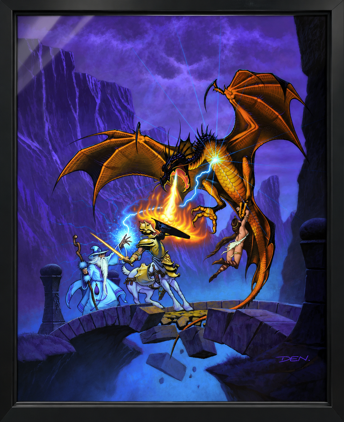 Framed dragon and adventurers illustration on the shelf back wall