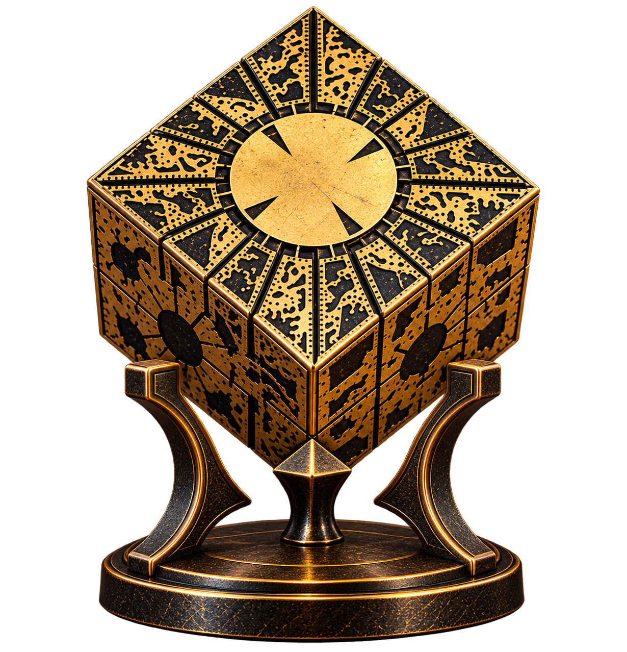 Ornate black-and-gold puzzle cube on a display stand