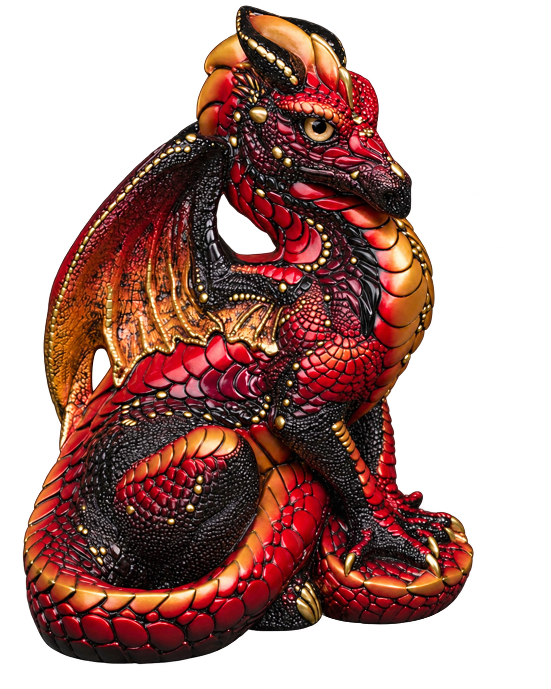 Seated red, black, and gold dragon figurine