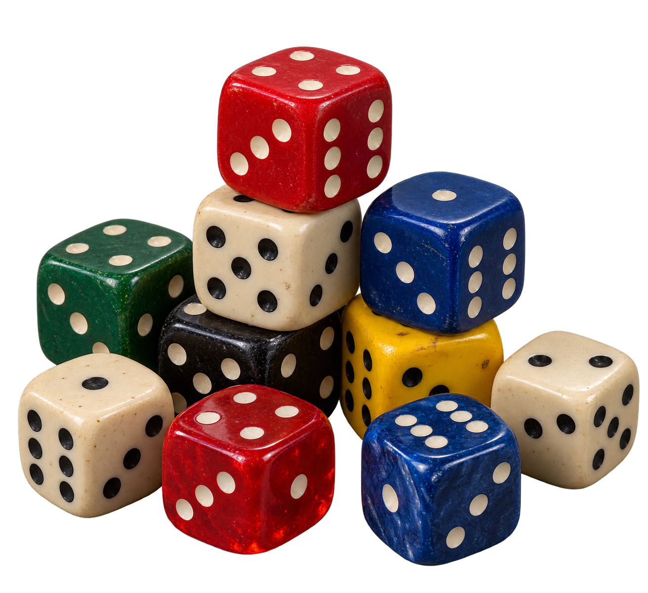 A casually stacked and scattered pile of six-sided dice